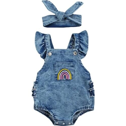 Wallarenear 0-18M Infant Baby Girls Outfit Summer Creative Rainbow Fly Sleeve Lace Decoration Denim Romper + Headwear