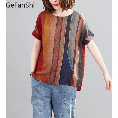 New Large Size Womens Blouses Summer Tops New Casual Blouse Art Striped Loose O Neck Short Sleeve Shirts Elegant Blusas