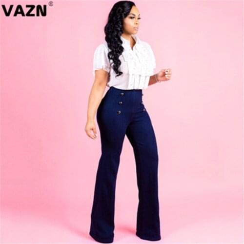 VAZN 2020 Autumn Hot Elegant Regular High-end Denim Pants Young Sexy Solid Joker Slim Women High Waist Long Denim Wide Leg Pants
