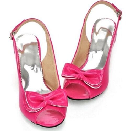 Women Elegant Sweet Plus Size (4-15) Bow Peep Toe Back Strap Thin High Med Heels Lady Dressing Shoes Pumps Sandals Summer Style