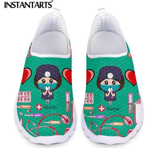 INSTANTARTS Fashion Nurse Wear Mask With Medical Supplies Cartoon Pattern Women Mesh Sneakers Casual Slip-on Flat Shoes Loafers