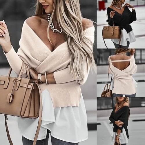 Womens Fashion V-Neck Lantern Sleeve Hole Strip Stitching Irregular Long Sleeve Top