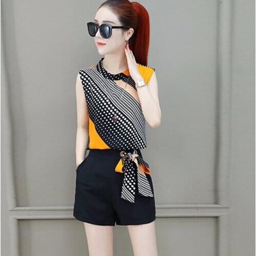 2021Women Shorts Suit 2-Piece Set Female Summer Suit Lady Chiffon Shirt Tops+Shorts Two-Piece Suit Fashion All-match Set C555
