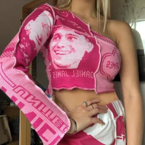 Women Portrait Letter Print Patchwork T-Shirts One Shoulder Long Sleeve Crop Top Ladies Knitted Cropped Tops T-Shirts For Daily