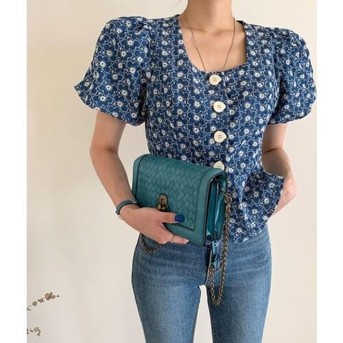 Blue spring and autumn crop top women Square collar Buttons Down holiday Casual tank top Short Sleeves Loose Fit cropped