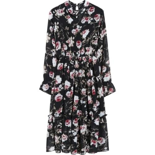 Latest autumn fashion floral print long sleeve vintage chiffon dress for women 2018 robe longue femme