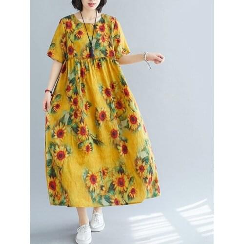 Women Summer Chiffon Casual Dress New 2021 Vintage Style Floral Print O-neck Loose Comfortable Female Holiday Long Dresses S3271