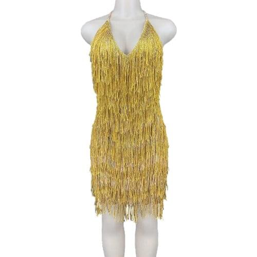 Fashion Women Gold Tassel Party Bodycon Dress Female Sexy Halter Backless Prom Fringes Dress Club Singer Latin Dance Mini Dress