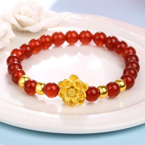 999 Pure 24k Yellow Gold Bracelet 3D Lotus Flower Pendant with 4pcs Gold Bead with 8mmW Red Agate Beads Bracelet Wedding Gift