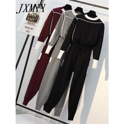 JXMYY 2021 Autumn Runway 2 Pieces Set Knitted Long Sleeve Pullovers Sweater Casual Patchwork Knit Jumper Tops and Pants Suits