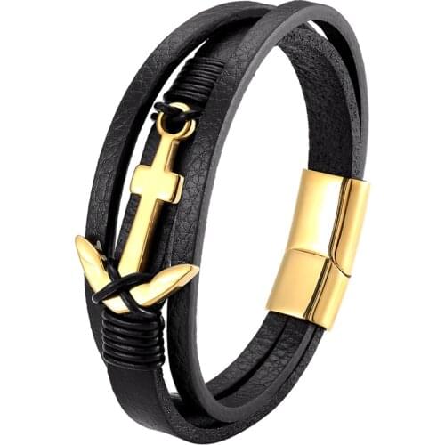 Trendy Jewelry Genuine Leather Bracelet Men Multilayer Anchor Bracelets Ladies Stainless Steel Male Bracelets Classic Jewelry