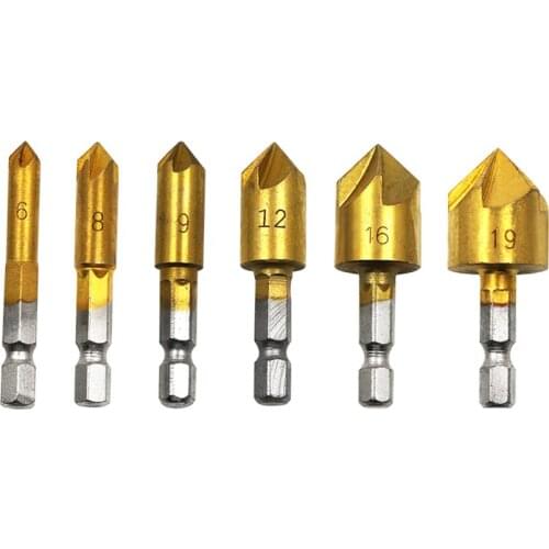 3 PCS/ 6PCS Set HSS 82 Degree Point Angle Chamfering Cutter 1/4" Hex Shank 5 Flute Countersink Drill Bit 6/8/9/12/13/16/19mm
