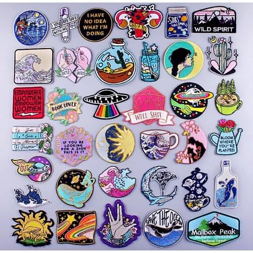 Pulaqi Outdoor/Waves Patch Iron On Patches On Clothes Stripe Sticker Moon Whale Patch Embroidered Patches For Clothing Jacket