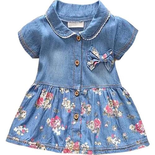 2020 Spring Summer Baby Girl Dress Casual Style Baby Dresses Bow Denim Flower Dress Turn Down Lapel Collar Baby Girl Clothes