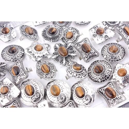 Wholesale Bulk 12Pcs large Mix Style tigers-eye Gem stone Tibet Silver Plated Ring Band Women Men Wedding Engagement Gift NEW