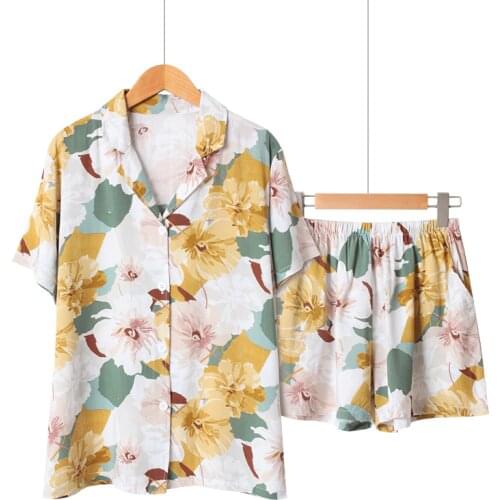 Summer Satin Short Sleeve Pajamas for Women Turn-down Collar Sleepwear Floral Printing Pijama Mujer Shorts Home Clothes Pj Set