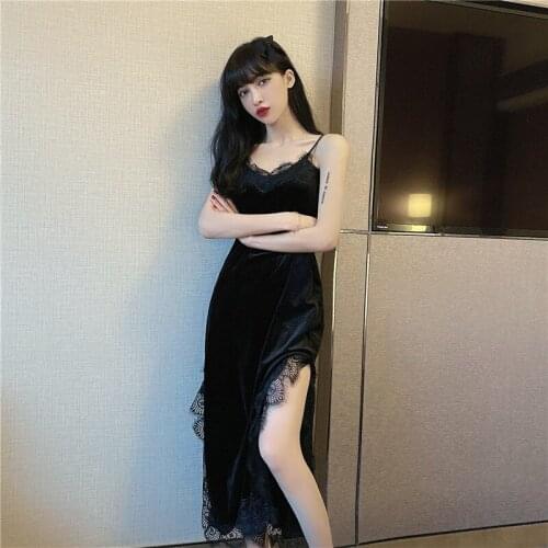 Sexy Women Lace Sling Long Dress Sleeveless V-neck Split Velvet Black Party Woman Dress Vestido Feminino