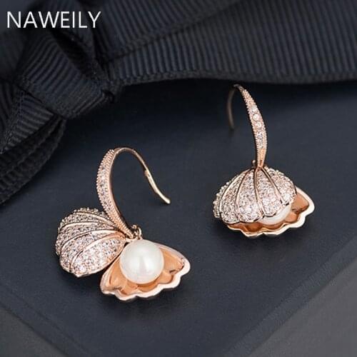 Delicate Shell Shape Pearl Drop Earrings For Women Girls Rose Gold Silver Color Crystal Earring Fashion Jewelry