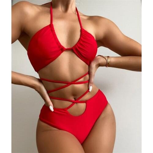 Sexy Solid Backless String Bikini Set 2021 Summer Swimwear Women 2 Pieces High Waist Bandage Beachwear Swimsuit Female Biquini