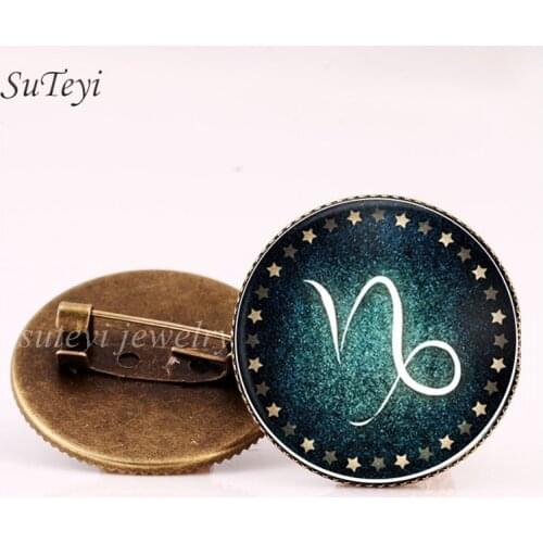 SUTEYI Capricorn Aries Taurus Leo Aquarius Libra Pin Brooch 12 constellation Glass Pattern Clothing/Bag Badges Brooch Jewelry
