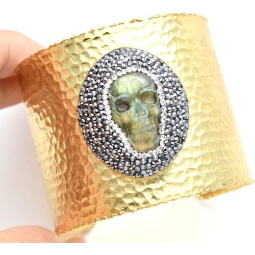 Unique Natural Labradorite Skull Head Carved Wide Bangles For Fashion Women Party Jewelry