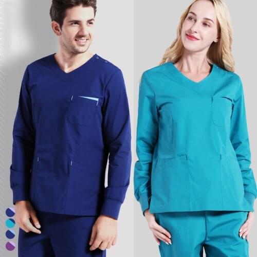 Unisex Scrub Uniform Workwear Outfit Long Sleeves Women Men Poplin Wrinkle Resistant Classic V Neck Comfortable Scrubs Sets