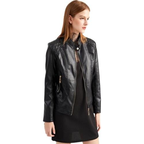 Spring Fashion Women Pu Leather Jacket Outerwear Stand Collar Zipper Solid Slim Casual Coats 2021 Autumn Stylish Overcoat