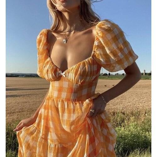 Wsevypo Women Square Collar Midi A-Line Dress Boho Puff Short Sleeve High Waist Bandage Dress Summer Elegant Wedding Party Wear