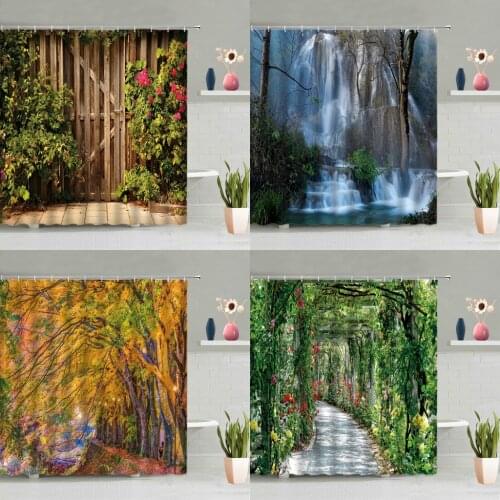 Natural Scenery Shower Curtains Waterfall Flower Green Leaves Plant Bathroom Bath Curtain Washable Home Decor Screen With Hook
