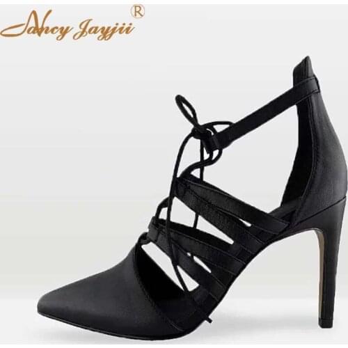 Gladiator Women Shoes Lady Pumps Black Solid Cross-Tied Lace-Up Super High thin heel Pointed Toe Fashion Sexy Mature Casual 2019