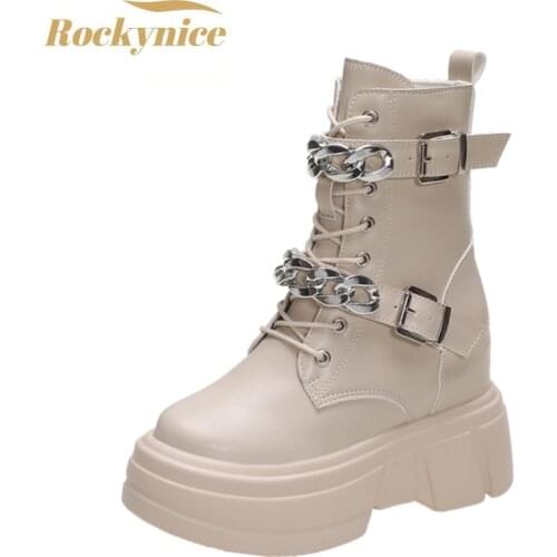 Women Ankle Boots 2021 Autumn Leather High Top Chain Sneakers 9CM High Heels Chunky Platform Punk Boots Winter Thick Sole Boots