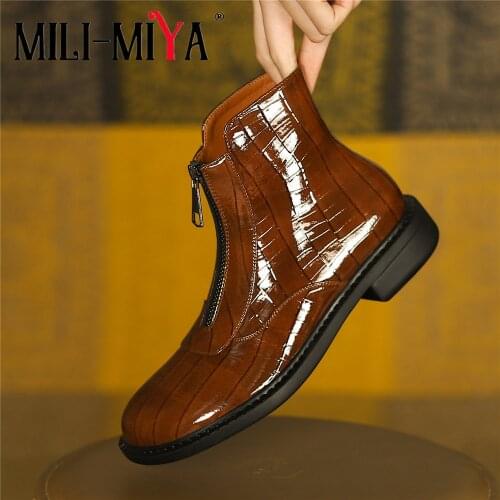 MILI-MIYA Thick Heels Front Zipper Ankle Boots Women Patent Leather Stone Pattern Round Toe 2021 Autumn Winter New Casual Shoes