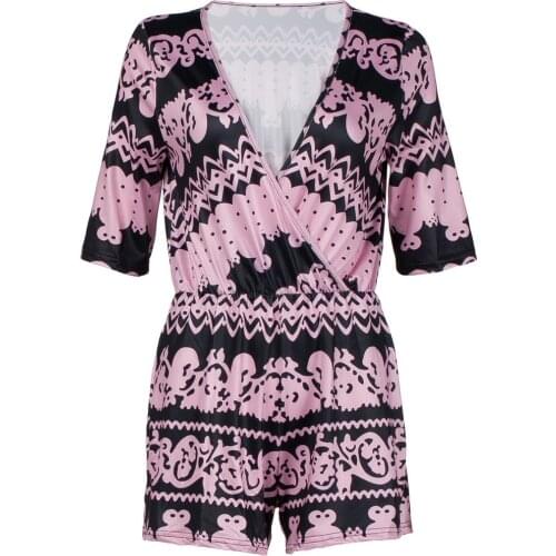 Womens Summer V-Neck Printed Short Sleeve Jumpsuit Casual Loose Short Jumpsuit