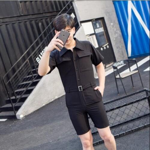 S-6xl Korean Version Mens Couple Slim Jumpsuit Siamese Trousers Tide Short-sleeved Shirt Overalls Casual Wear Pants Costumes