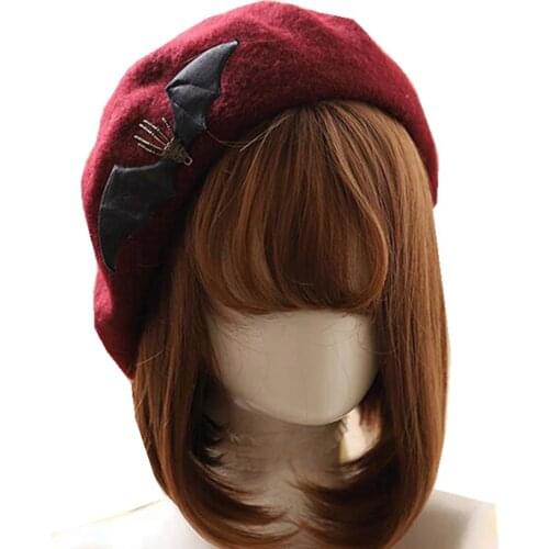 Woolen Beret Top Cap Women Girls Winter Halloween Christmas Bat Wings Skull Hand