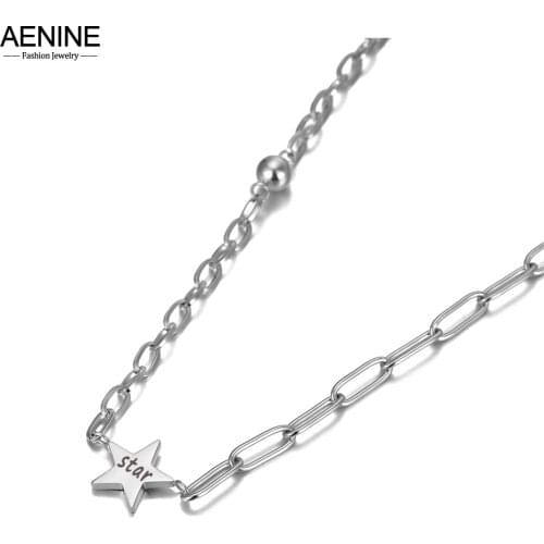 AENINE Original Design Rose Gold Star Pendant Necklace For Women Stainless Steel CZ Crystal Link Chain Choker Necklace AN20131