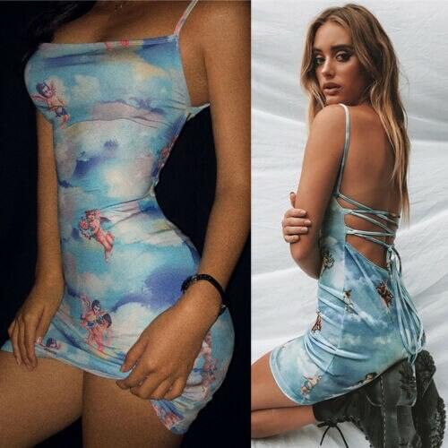 2019 Summer Sleeveless Casual Spaghetti Strap Mini Dress Women Angel Print Backless Bandage Dresses Elegant Party Vestidos NEW