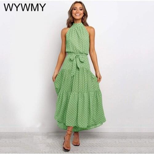 WYWMY Women Casual Polka Dot Dress Summer Boho Style Printed Maxi Dresses Ladies Elegant Party Long Dress Halter Vestidos Mujer