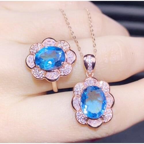 Per jewelry Natural real blue topaz flower style jewelry set Free shipping 1pc ring 1pc pendant 925 sterling silver S2051120