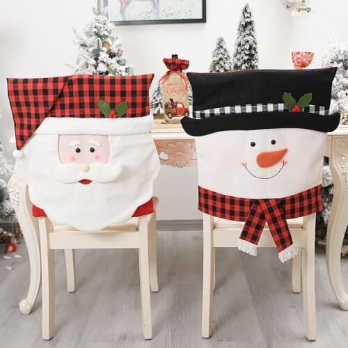 1pc Cartoon Linen Red Black Plaid Santa Snowman Christmas Chair Cover Kitchen Table Chair Covers Christmas New Year Party Decor