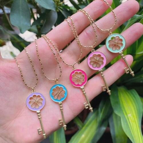 5PCS, Color Enamel Vintage Key Pendant Gold Plating Necklace Women Luxury Jewelry