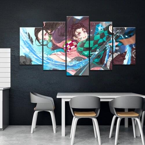 5 Piece HD Anime Boy and Girl Wall Picture Demon Slayer Kimetsu No Yaiba Comic Art Canvas Paintings Wall Art Home Decor