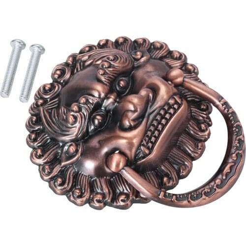 80*77mm Plastic Lion Head Shaped Ring Knob Single Hole Jewelry Chest Box Cabinet Cupboard Dresser Drawer Handle Pulls Red Copper
