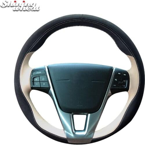 BANNIS Black Beige Leather Car Steering Wheel Cover for Volvo S60 V40 V60 V70 2014 XC60