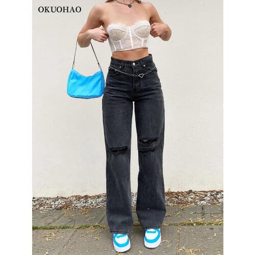 Black Ripped Straight Leg Jeans For Women Fashion Tassel Loose Y2k Streetwear Baggy Jean Pants Mom Casual Wash vintage Trousers
