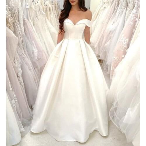 Long Off Shoulder Satin Wedding Dresses with Pockets A-Line Floor Length Pleated V-Neck Corset Back Maxi Bridal Gowns for Women