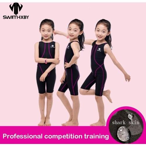 HXBY Competition Swimsuit For Girls One Piece Childrens Professional Swimming Suit For Girl Competitive Swimwear Kids Knee Swim