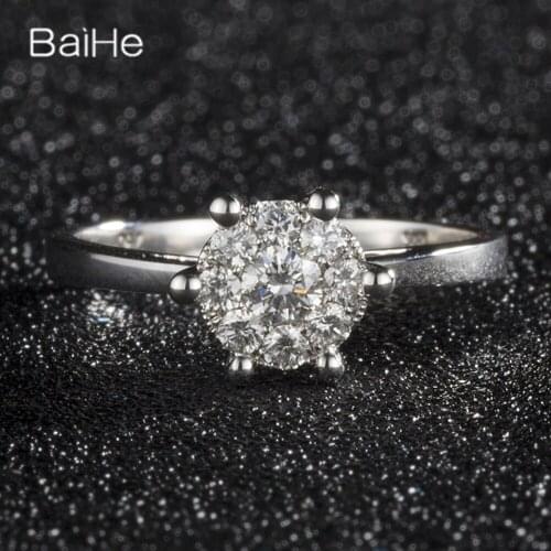 BAIHE Solid 14K White Gold 0.15ct+0.03ct*8 H/SI Natural Diamonds Wedding Engagement Ring Women Trendy Fine Jewelry Diamond Ring