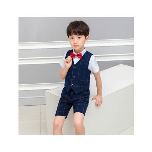 Boys Suit Set 2pcs Plaid With Short Children Party Host Wedding Stage Little Kids Gentleman Outfit Suits Clothes Vest+Pants