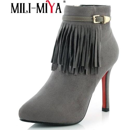 MILI-MIYA New Arrival Womens Flock Tassel Ankle Boots Zipper Short Plush Spring Autumn High Heels 11cm Solid Sexy Ladies Shoes